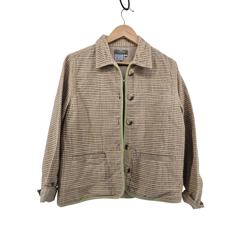 The Territory Ahead Jacket Womens Medium Beige Pleated Ribbed Cotton Button Up